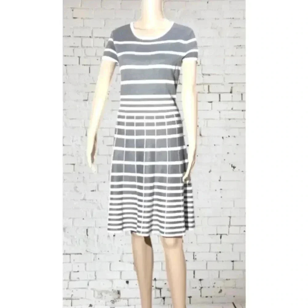 Women's grey and cream striped short sleeve sweater dress by Gabby Style L
